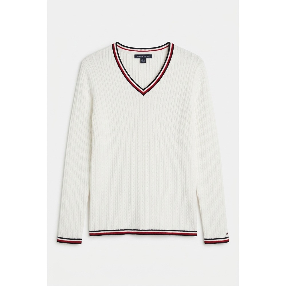 White Cable Knit V-Neck Cotton Sweater Striped Trim Tommy Hilfiger XL Preppy - Picture 2 of 7